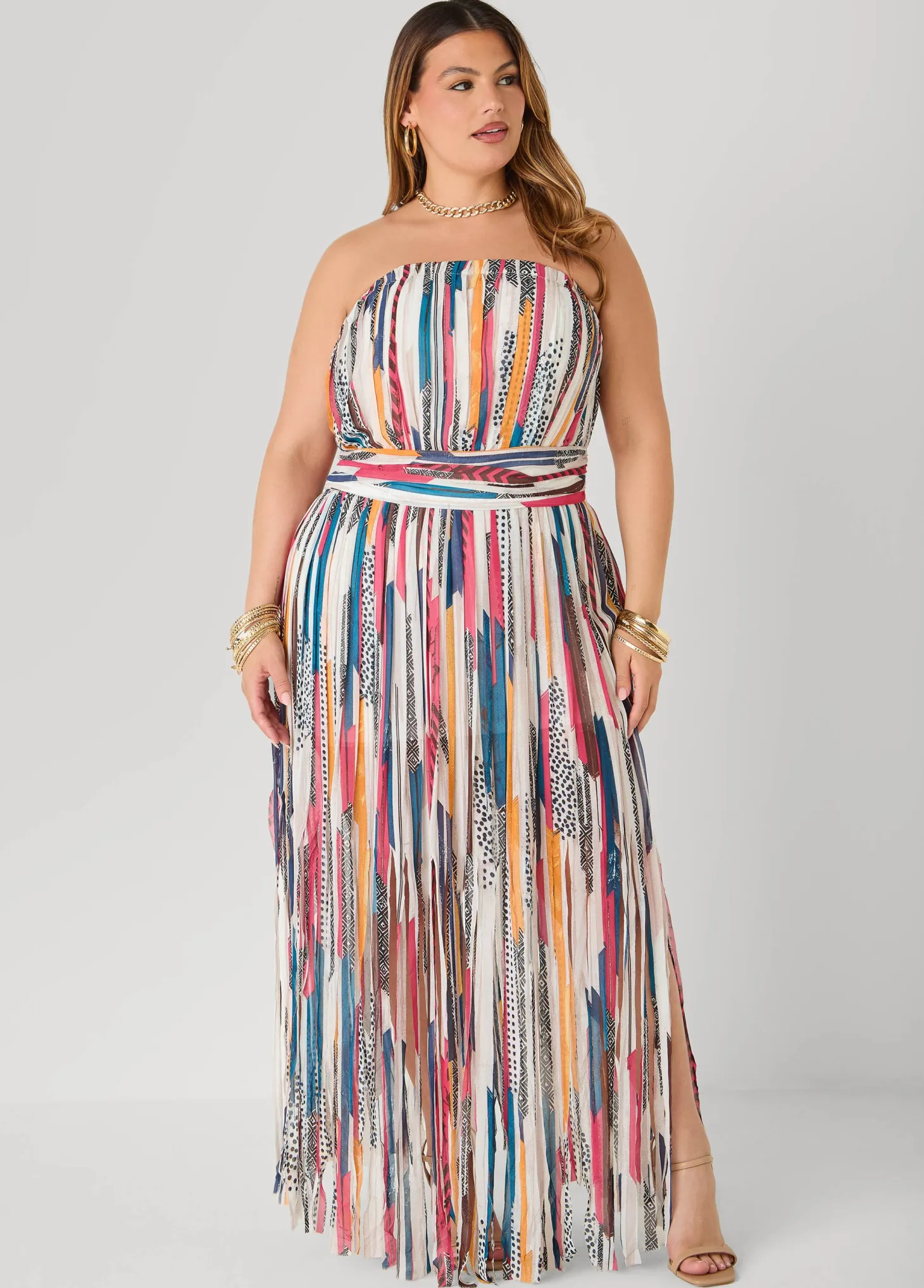Printed Fringed Strapless Dress