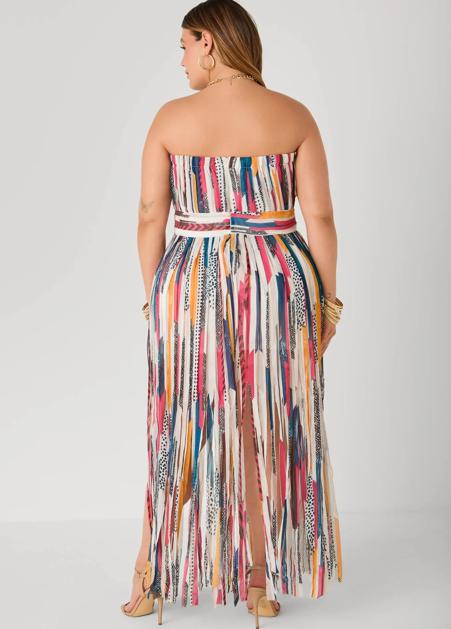 Printed Fringed Strapless Dress