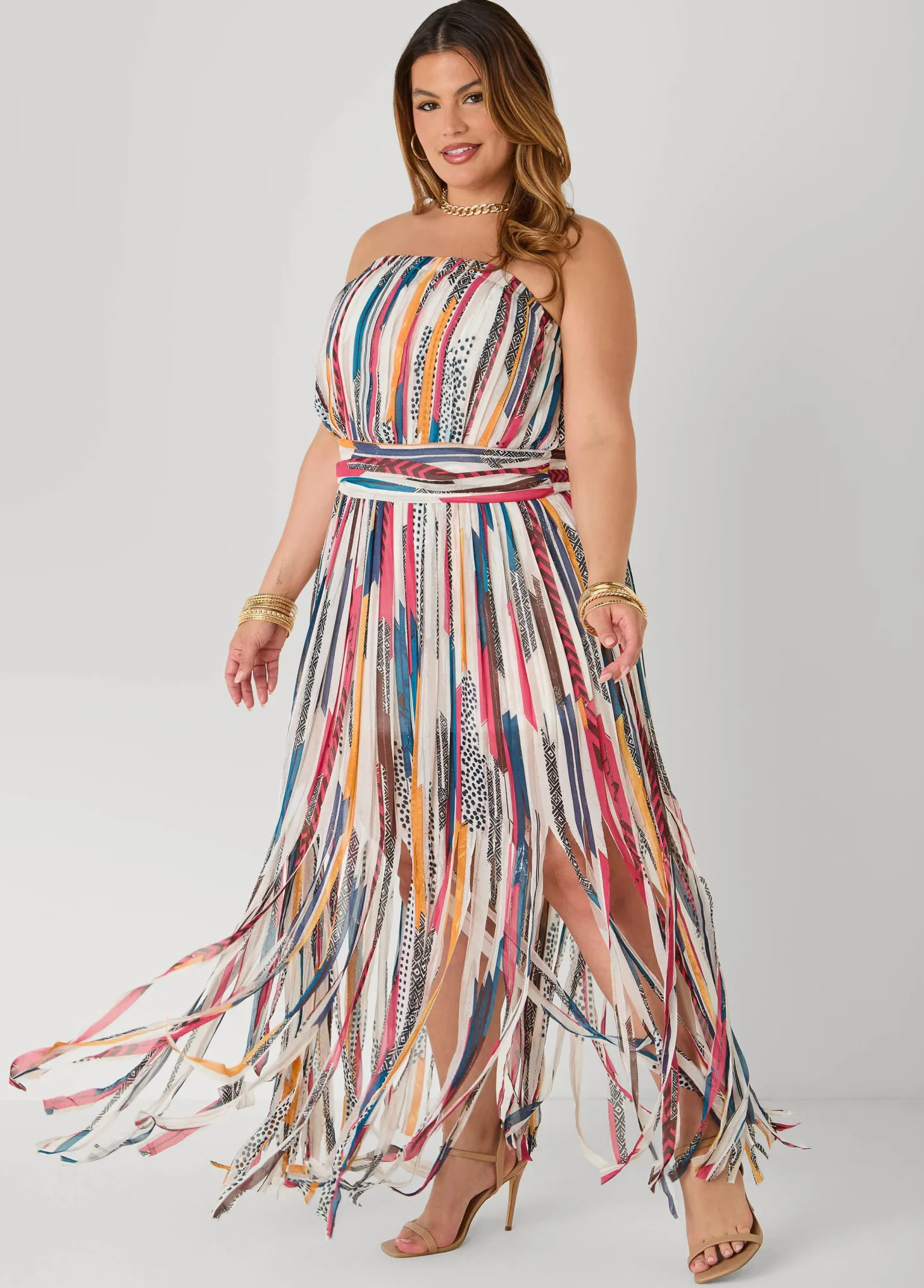 Printed Fringed Strapless Dress