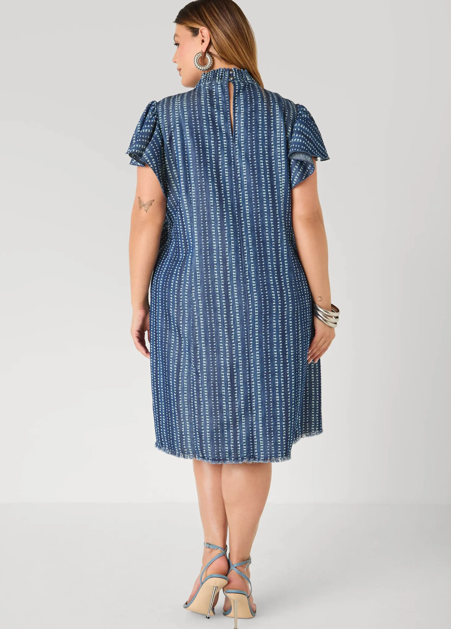 Printed Keyhole Chambray Dress
