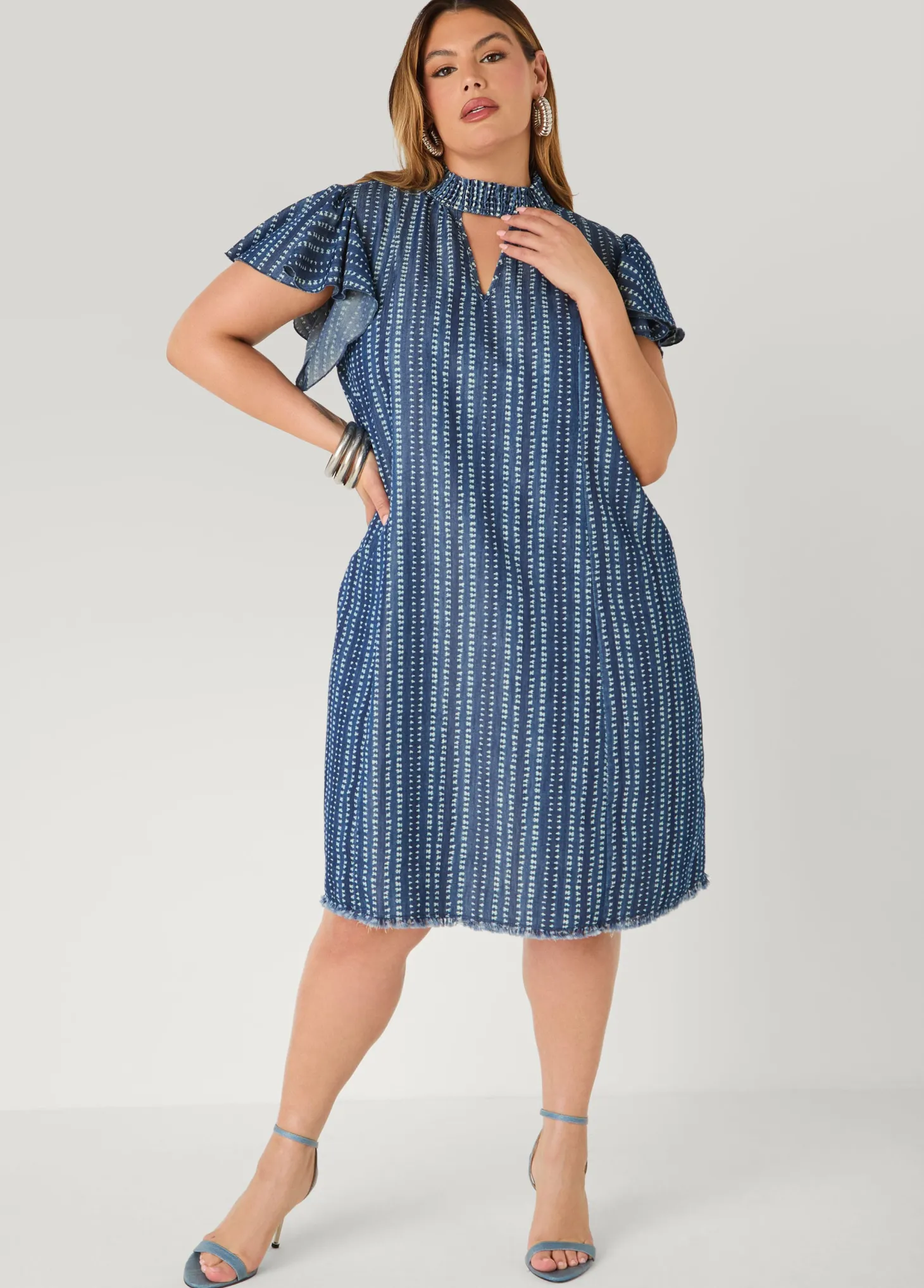 Printed Keyhole Chambray Dress