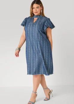 Printed Keyhole Chambray Dress