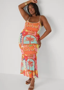 Printed Mesh Maxi Slip Dress