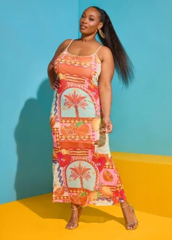 Printed Mesh Maxi Slip Dress