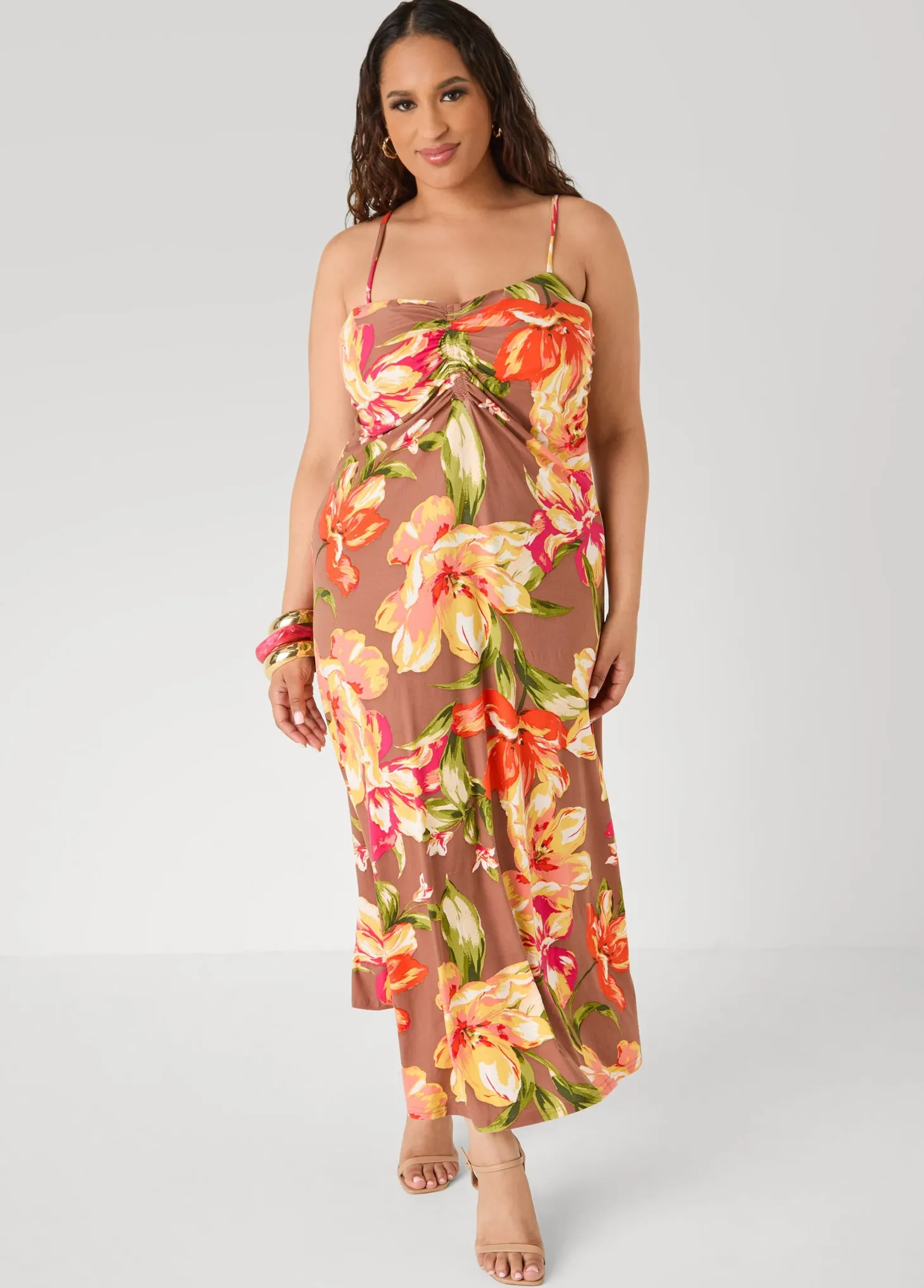 Ruched Floral Print Maxi Dress