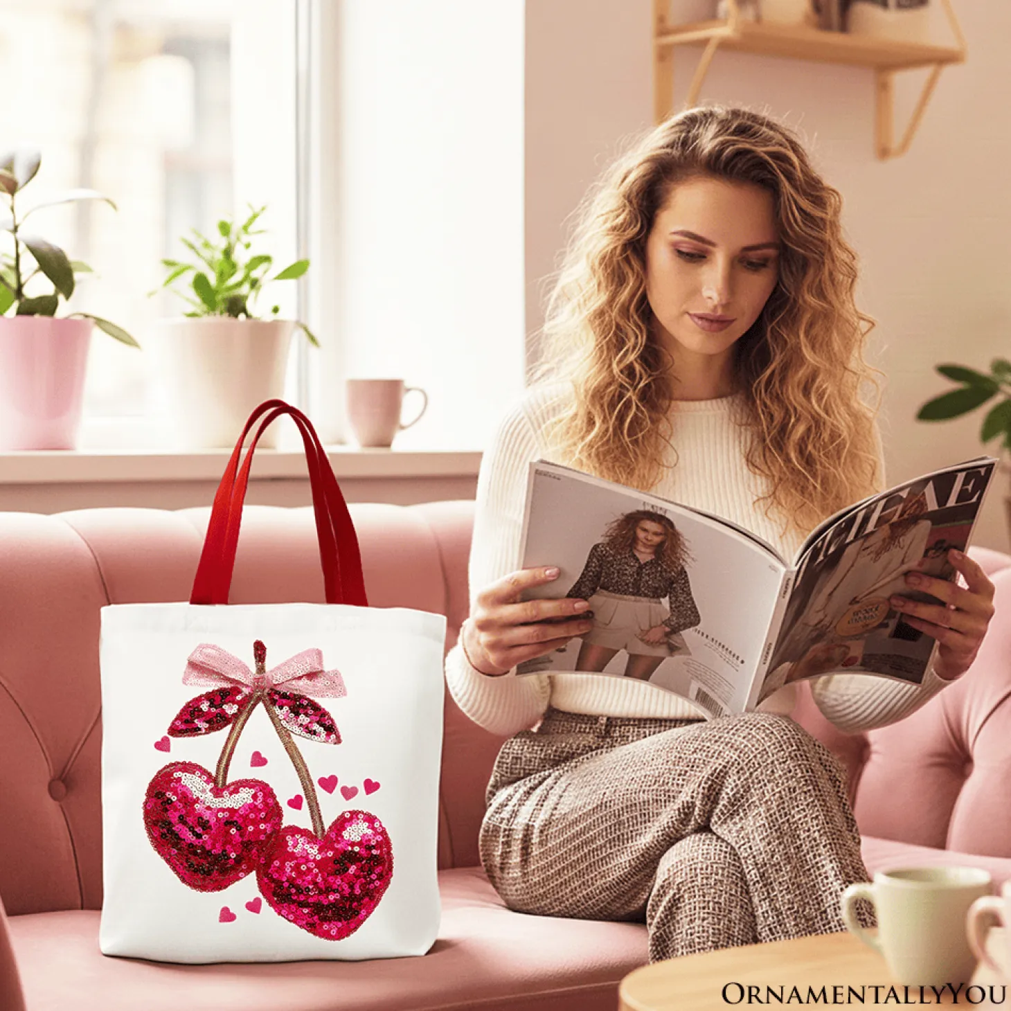 Sequin Cherry Heart Tote Bag