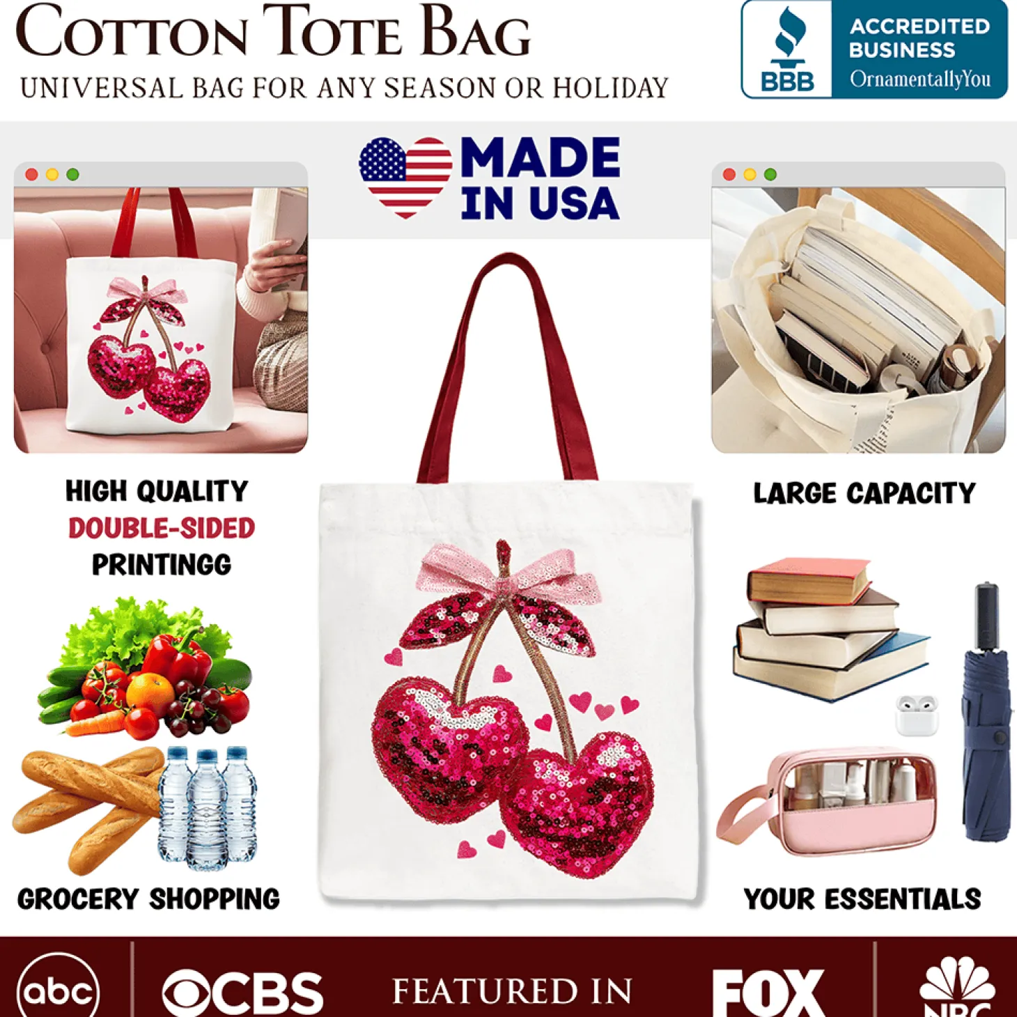 Sequin Cherry Heart Tote Bag