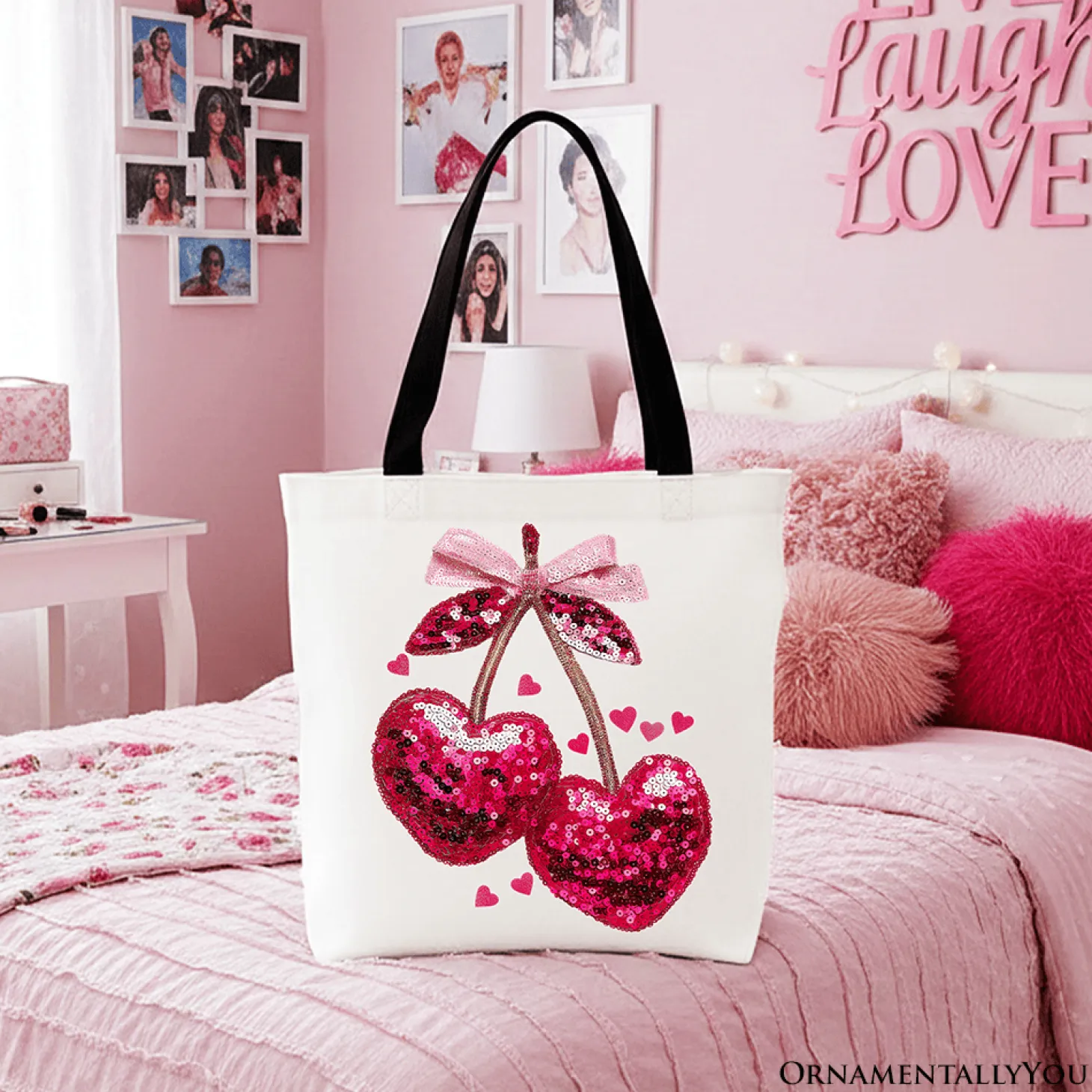 Sequin Cherry Heart Tote Bag