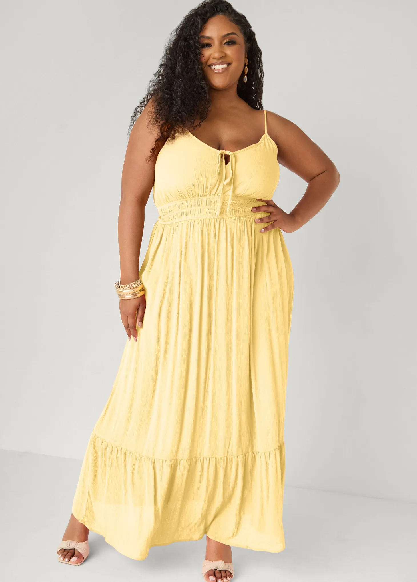 Smocked Tie Front Maxi Dress