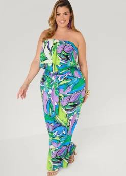 Strapless Leaf Print Jumpsuit