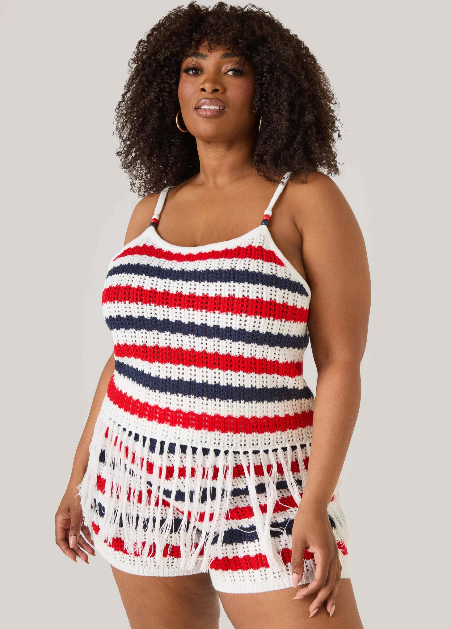 Striped Fringe Crochet Coverup Set