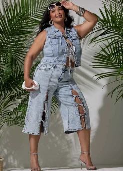 Tie Front Acid Wash Denim Vest