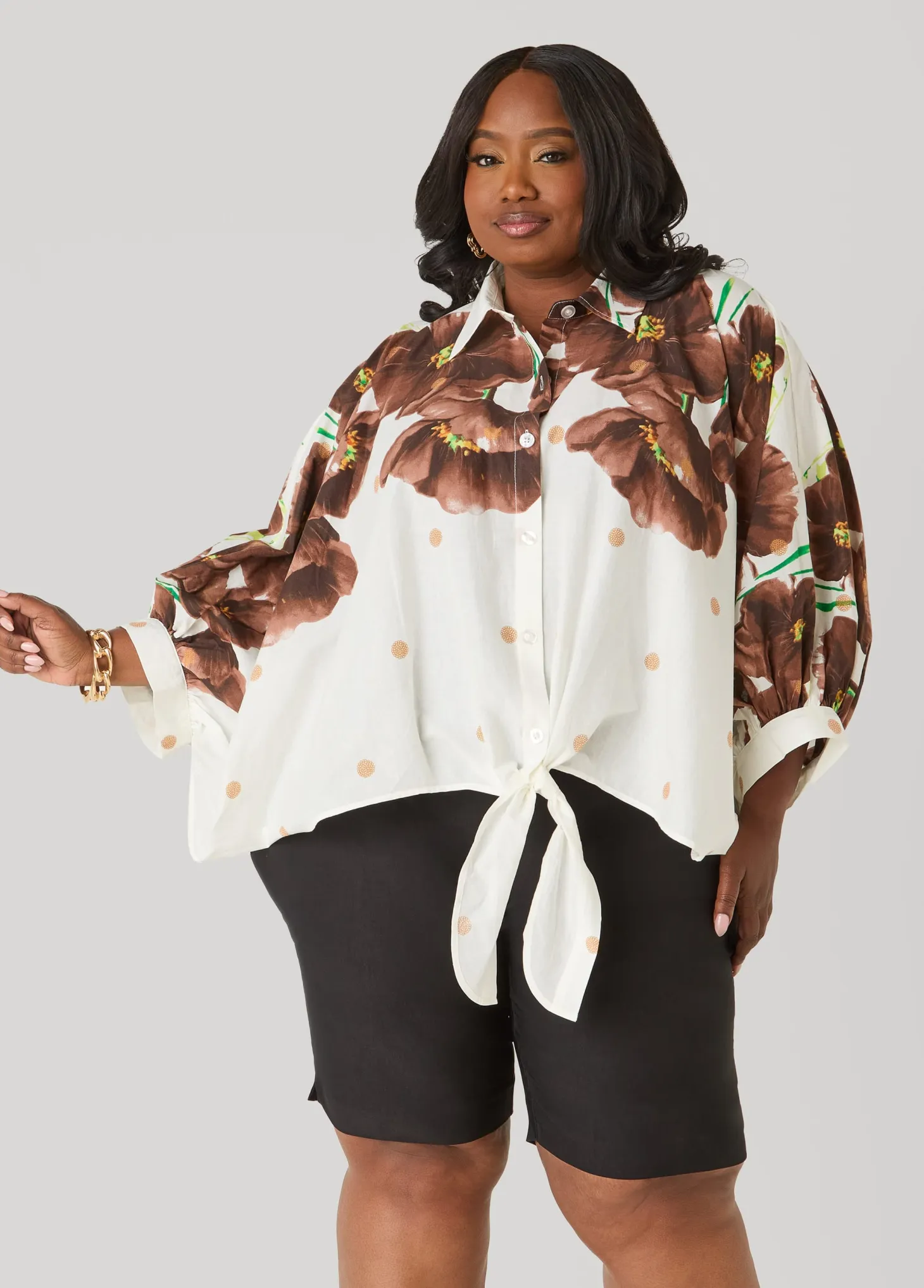 Tie Front Floral Cotton Shirt