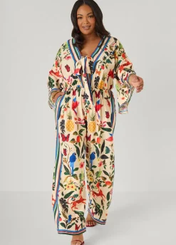 Tie Front Tropical Print Jumpsuit