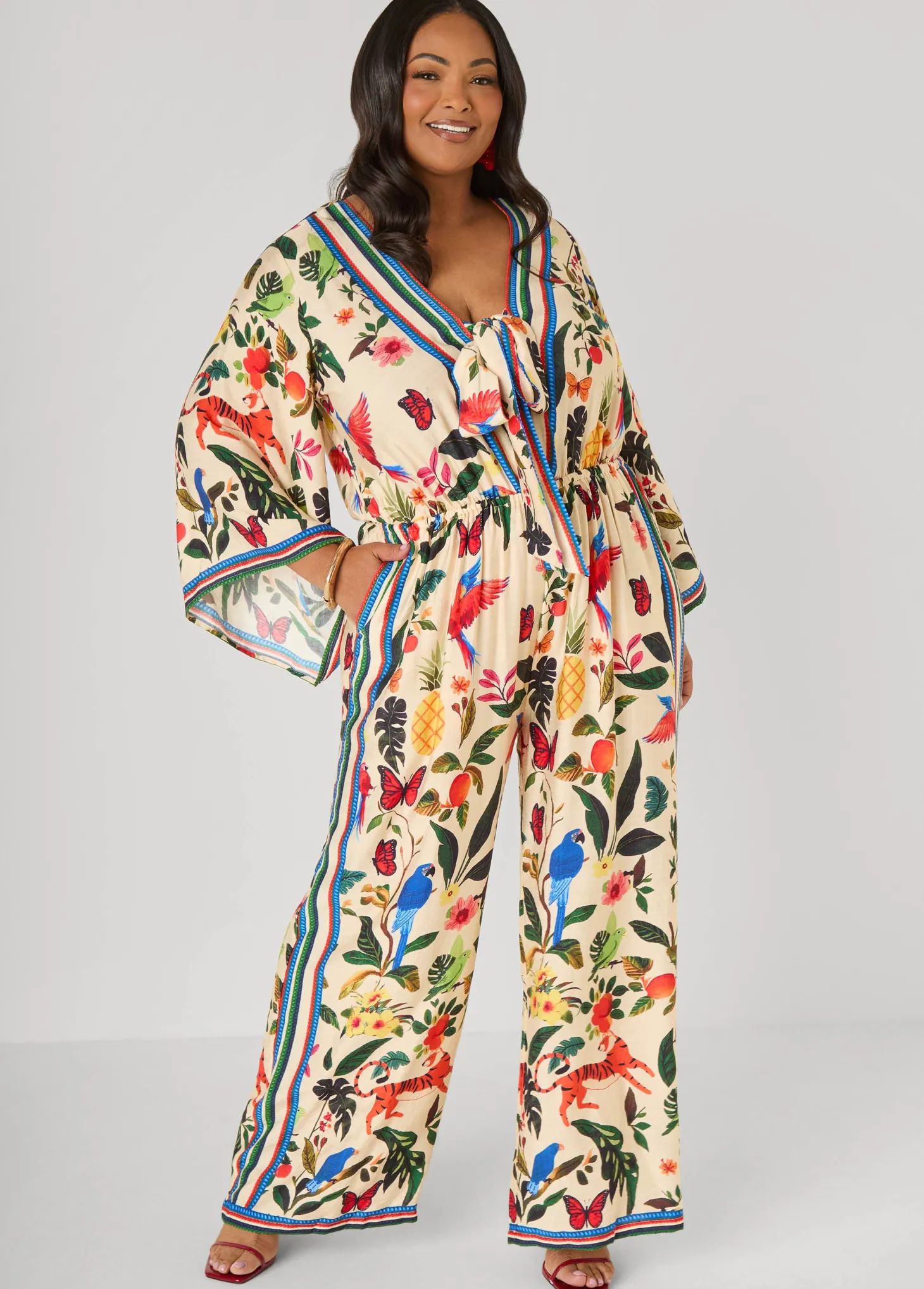 Tie Front Tropical Print Jumpsuit