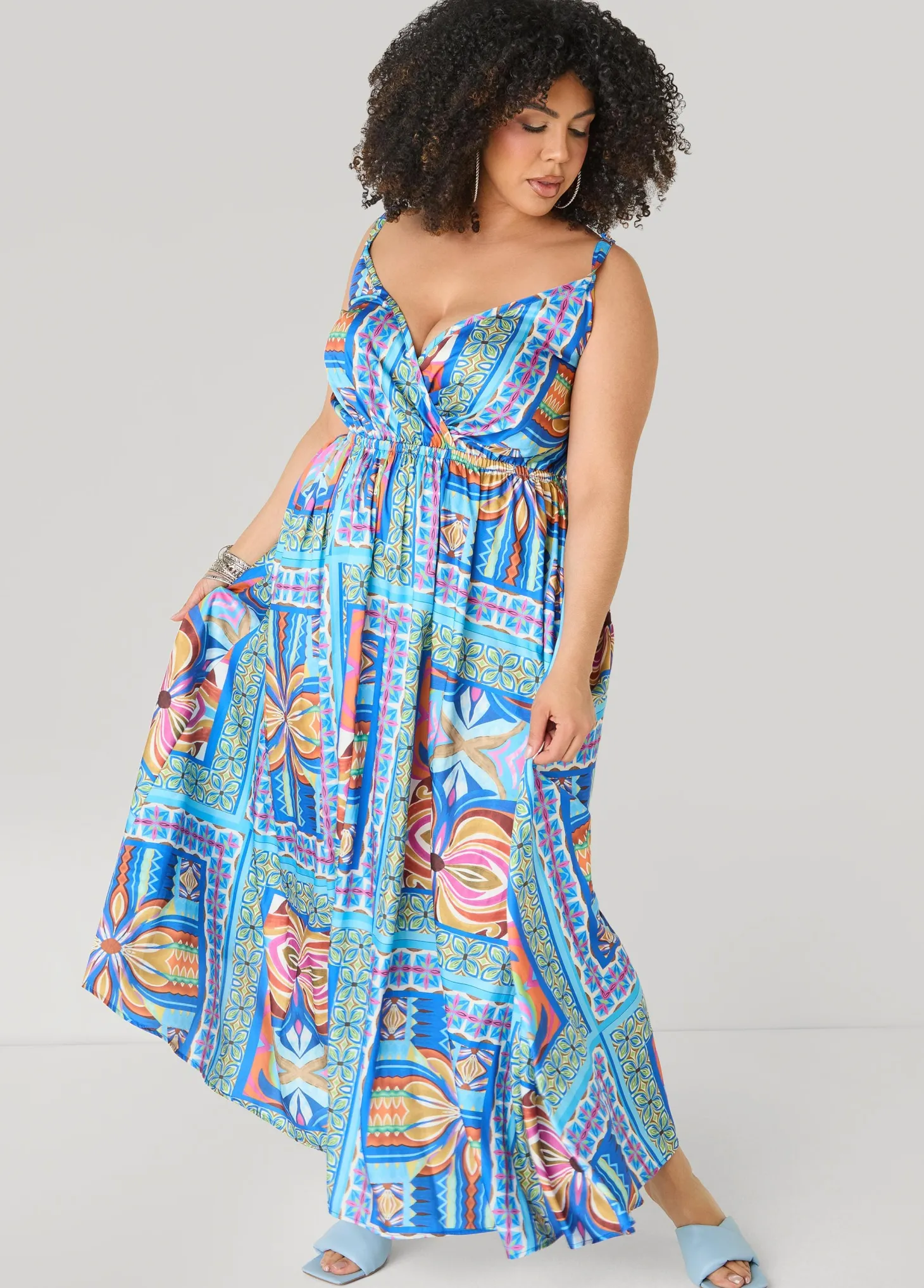 Tile Print Satin Maxi Dress