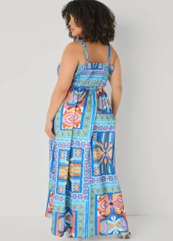 Tile Print Satin Maxi Dress
