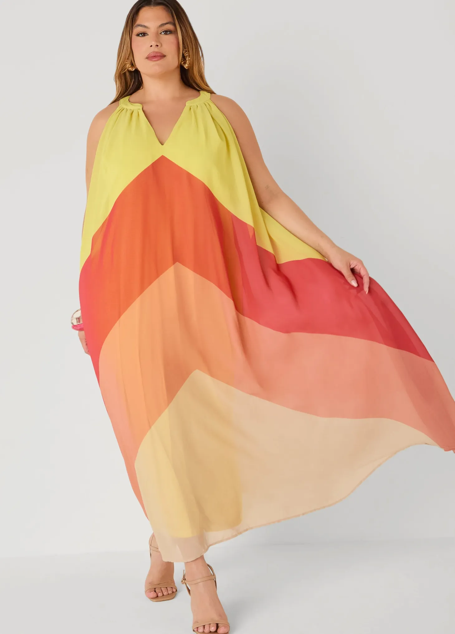 V Neck Colorblock Maxi Dress