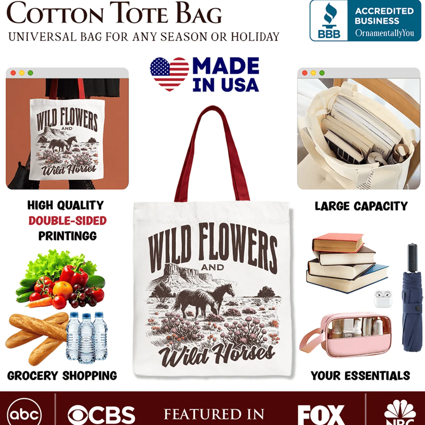 Wild Flowers And Horses Tote Bag